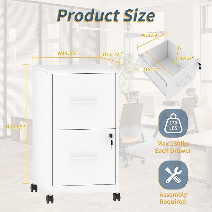 2 Drawer File Cabinet on Wheels Mobile Filing Cabinets with Lock Metal Storage Cabinet Vertical Filing Cabinets for Home Office Rolling File Cabinet for Under Desk Amssebly RequiredWhite