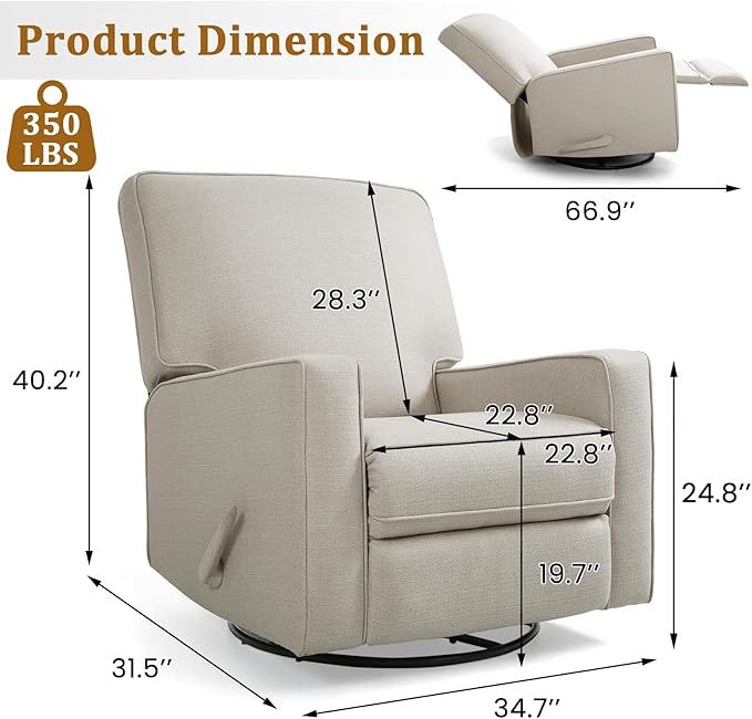 Swivel Rocker Recliner Chair for Adults High Back Fabric Recliner with Deep Seat Manual Glider for Living Room &amp Nursery Beige