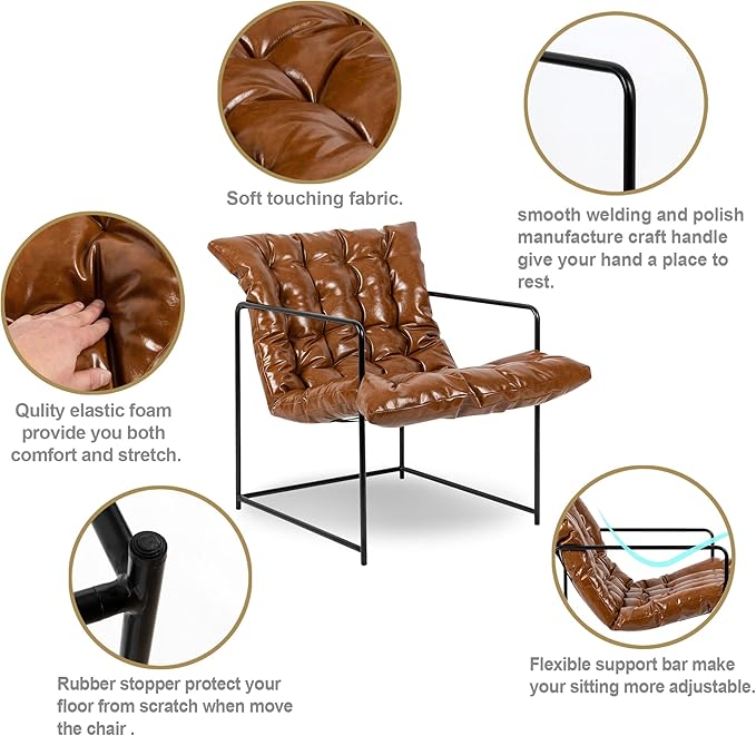 GIA Sling Accent ChairIdeal for Living Room Bedroom and Office1 Pack Brown PU Leather Upholstered Black Metal Base