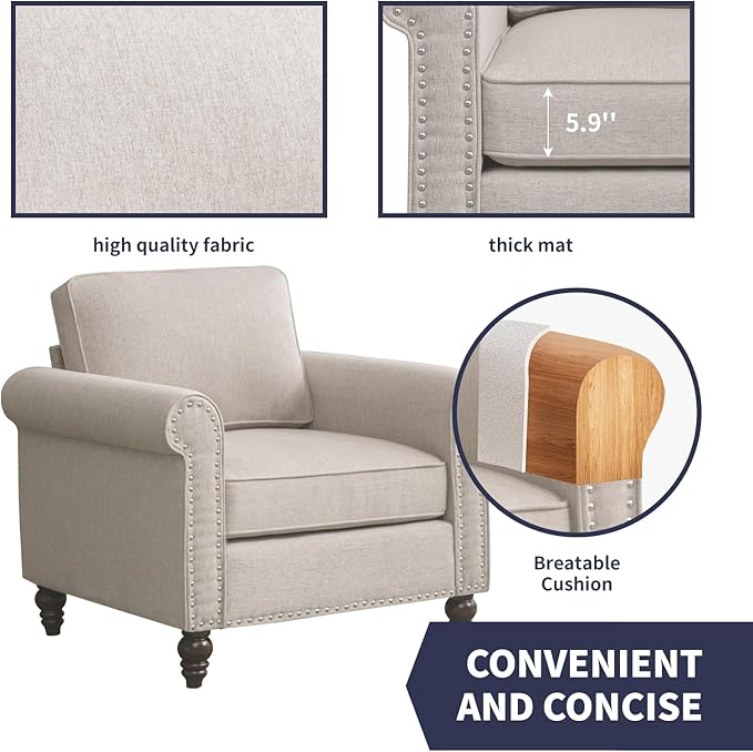 Single Sofa Beige Armchair for Living Room Mid Century Modern Couch with Solid Wood Frame and 4 Gourd Shapes Legs for Home/Bedroom/Apartment
