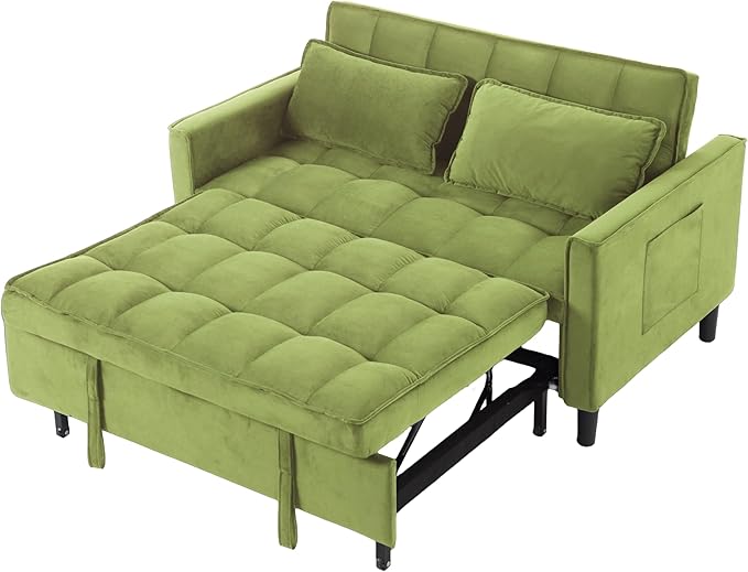3 in 1 Convertible Sofa Bed Love Seat Sleeper Bed with Side Pockets Velvet Fabric Pull Out Couch with Adjustable Backrest for Living Room Bedroom Apartment Olive Green