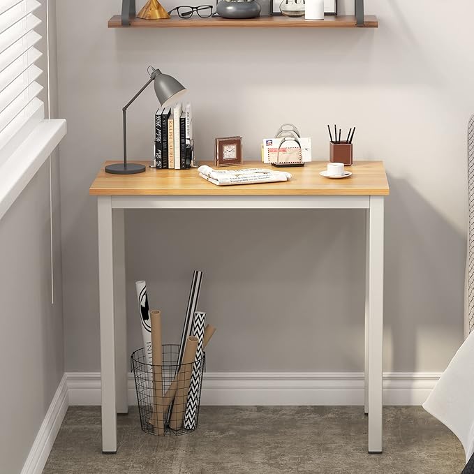 Need 31 Inch Small Computer Desk Modern Simple Style Writing Desk for Home Office Basic PC Work Desk with White Metal Frame Teak