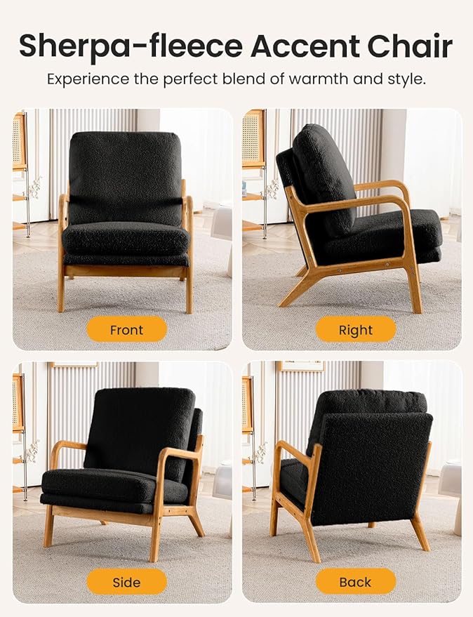 Mid Century Modern Accent Chairs for Living Room 23” Wide Comfy Chair for Bedroom Small Cozy Sherpa Reading Chairs for Adults 108° Lounge Arm Chair Indoor with Detachable Cover 5.5 Foam Cushion
