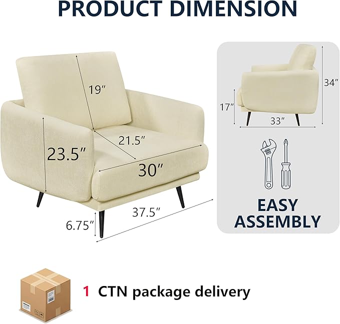 Oversized Accent Chair for Living Room Chairs Reading Arm Chair Comfy Modern Single Sofa Side Chairs with Metal Legs &amp Soft Cushion for Bedroom Waiting Room