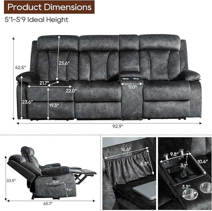 3 Seater Recliner Sofa Reclining Loveseat with Console Power Reclining Sofa with Heat and Massage Cup Holders USB &amp Type-C Charge Ports for Living Room