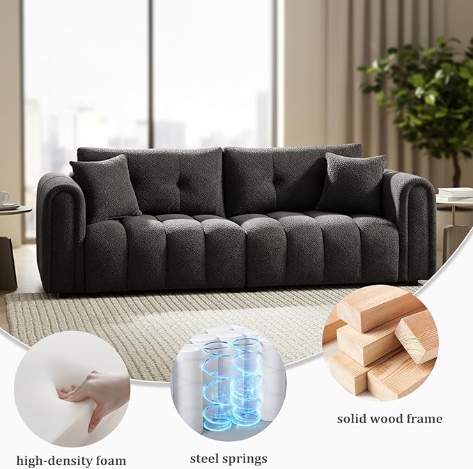 91.5 W Cloud Boucle Sofa for Living Room Modern Comfy Boucle Couch with Rolled Arms and Soft Pillows Teddy Oversized Loveseat for Apartment Studio Bedroom Dark Grey