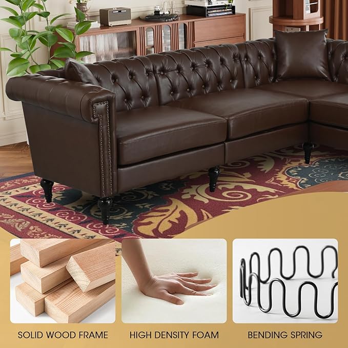 99.4 Inch 5 Seat L Shaped Couch Faux Leather Sectional Couch with Three Pillows Chesterfield L Shaped Sofa PU Leather Sectional Couches for Living Room Brown