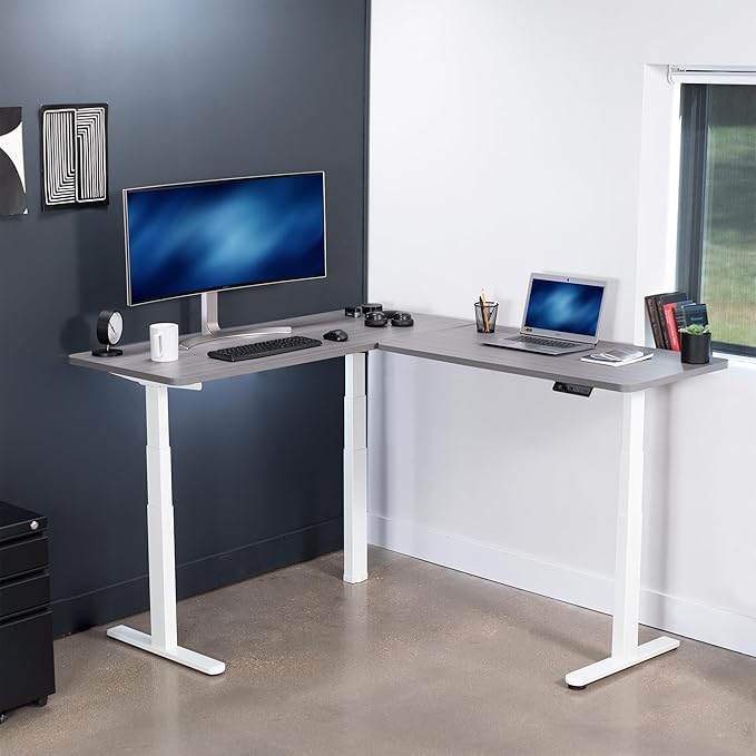 VIVO Electric Height Adjustable 67 x 60 inch Corner Stand Up Desk 2 Dark Gray Solid Table Tops White Frame Memory Controller L-Shaped Workstation 3E Series DESK-KIT-3E6WG