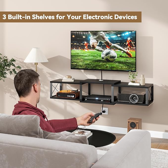 IBUYKE Floating TV Stand with Power OutletWall-Mounted Floating Stand for TVs up to 55Metal Wall Entertainment CenterWall Mounted TV Shelf with Storage for Living Room BedroomBlack UWST011B