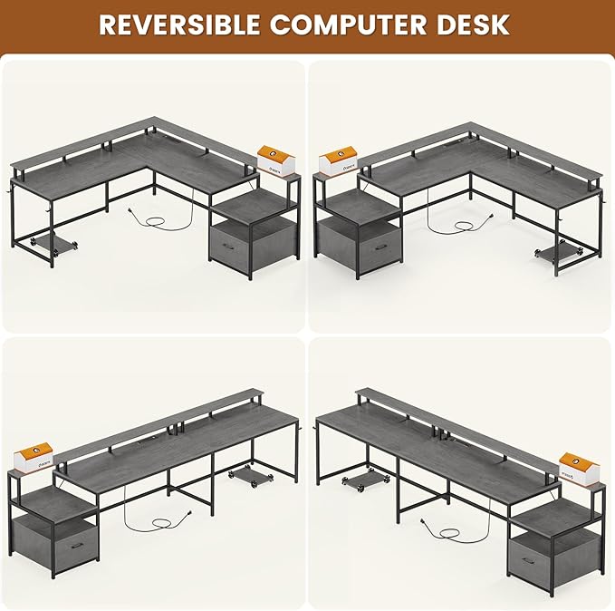 SEDETA L Shaped Desk 66 Home Office Desk with Wood File Drawer &amp Power Outlet Gaming Desk with Led Lights Corner Computer Desk with Monitor Shelf Printer Storage Shelves Two Person Desk Gre