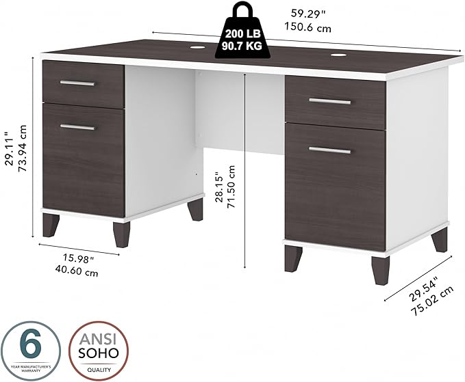Bush Home 60-inch Home Office Desk with Drawers Large Computer Table with Storage Transitional Style Somerset Collection White and Storm Gray