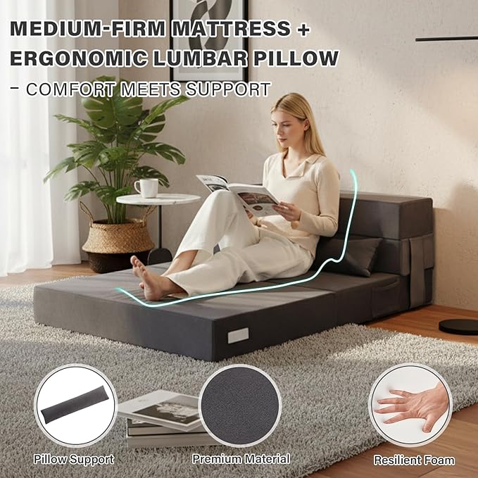 Tiita Folding Sofa Bed Couch Twin Size Foldable Futon Chair with Pillow Folding Sleeper Sofa Chair Bed Floor Mattress for Guest Room Living Room Dark Grey