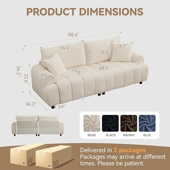 88 Modern Boucle Sofa Couch Oversized Comfy 3 Seater Sherpa Curved Sofas Deep Seat Upholstered Loveseat Teddy Round Arm Couches for Living Room Bedroom Beige