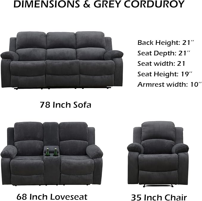 Manual Recliner Chair for Adults Single Reclining Sofa for Living Room/Office/Lounge/Club/Rv Car（Dark Grey CorduroyRecliner Chair）