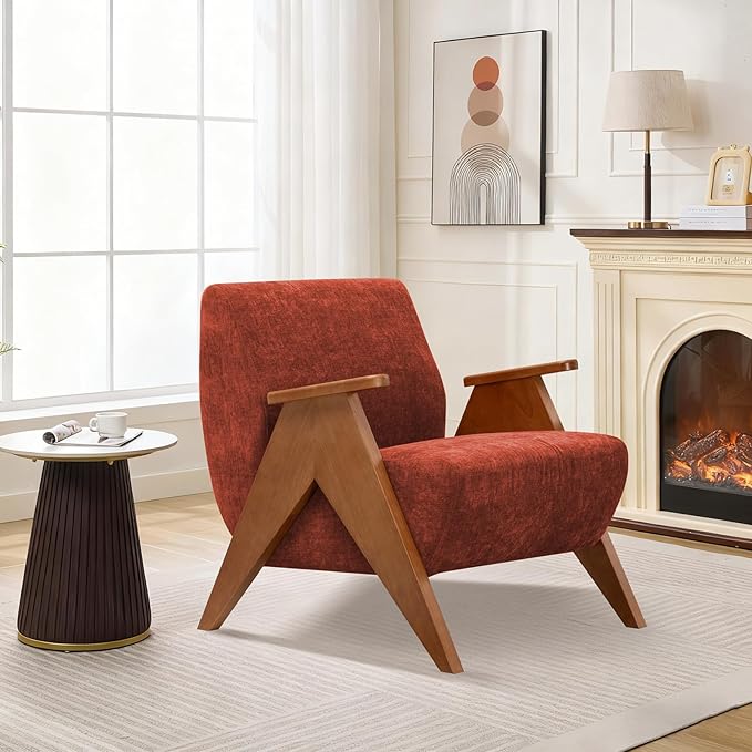 2 Pcs Home Accent Chair Mid Century Modern Accent Chair with Wood Frame Lounge Upholstered Armchair Reading Chair Sturdy BaseFor Living Room BedroomOfficeComfy Guest Waiting Room ChairsOrange