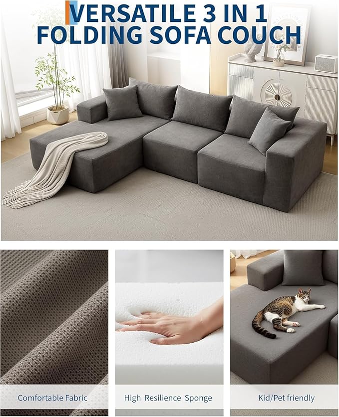 GarveeLife 108” Modular Sectional Sofa Cloud Sectional Couch with L-Shape Chaise Modern Modular Deep Seat Sofa Couch Upholstered Boneless Couches for Living Room Bedroom Left Facing Chaise Grey