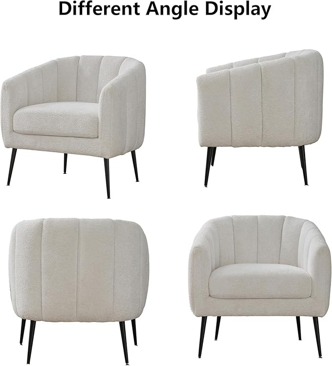 29.9 Chenille Upholstered Barrel Accent Chairs for Living RoomMid Century Modern Fuzzy Round Armchair with Metal LegsChannel Tufted Club Chair with Scoop Arms (Chenille Ivory Armchair)