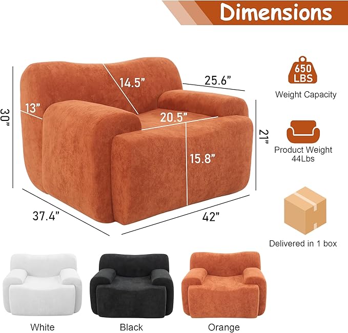 Boneless Chair 42 W Oversized Single Sofa Chair for Living Room Chenille Cloud Comfy Chairs Foam Couch Armchair for Bedroom Apartment Office. Reading No Assembly(Orange)