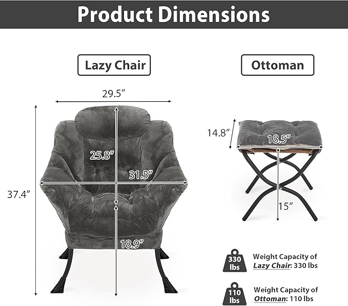 Lazy Chair with Folding Ottoman Accent Chair Plush Upholstered with Metal Structure and Non-Slip Pads Sofa Armchair with Footrest and Side Storage Bag for Dorm Room Office Dark Gray