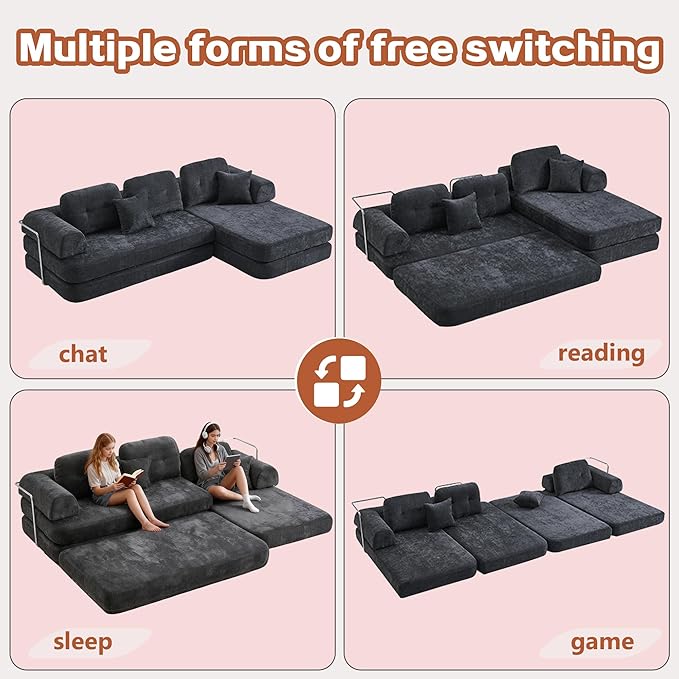 104 Oversized Convertible Sleeper Sofa Bed Chenille L Shape Sectional Couch Folding Sofa Bed with Fixed-Shape Frame Modern Cloud Floor Mattress Couch Modular Sofa for Living Room Dark Grey