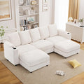 110 Oversized Cloud Couch U Shaped Modular Sectional Sofa L Shaped Sectional Couches for Living Room Comfy Corduroy Cloud Sofa with Ottoman USB Port Cup Holder Armrest Storage Side Pocket Beige