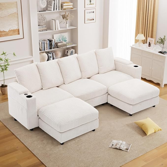 110 Oversized Cloud Couch U Shaped Modular Sectional Sofa L Shaped Sectional Couches for Living Room Comfy Corduroy Cloud Sofa with Ottoman USB Port Cup Holder Armrest Storage Side Pocket Beige