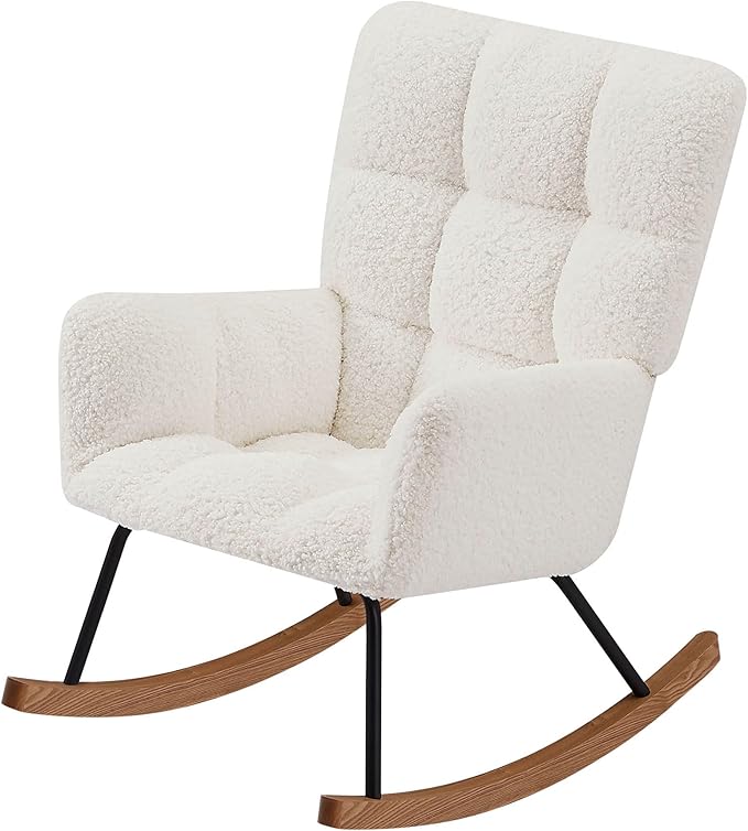 Modern Rocking Chair with High Backrest Armrests Ergonomic Design Lounge Recliner Chair for Living Room Bedroom Playroom Beige Without Soft Seat