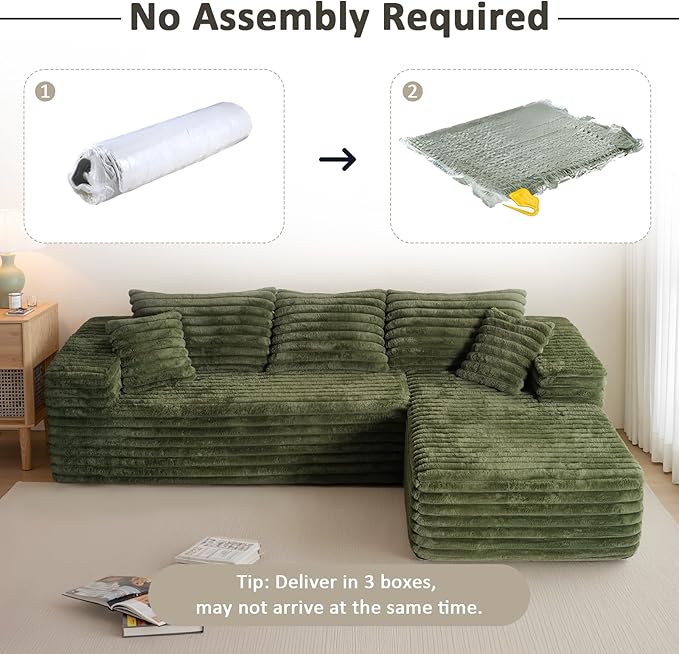 103” Sectional Couch for Living Room Modular Deep Seat L-Shaped Corduroy Sofa No Assembly Plush Wide Fabric Green with Right Facing Chaise