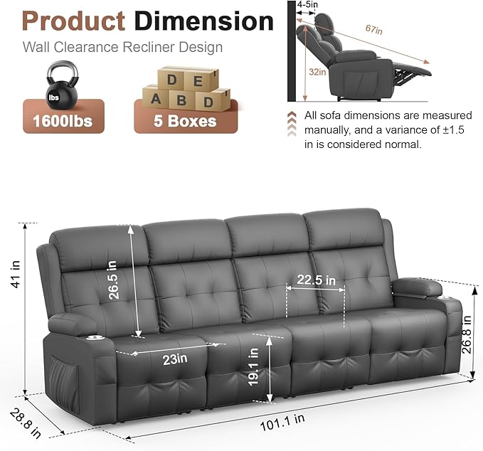 Recliner Sofa Massage Reclining Sofa 4 Seater Sets Heavy Weight Capacity RV Loveseat Clearance with Storage Cup Holders Wall Hugger Couches for Living Room