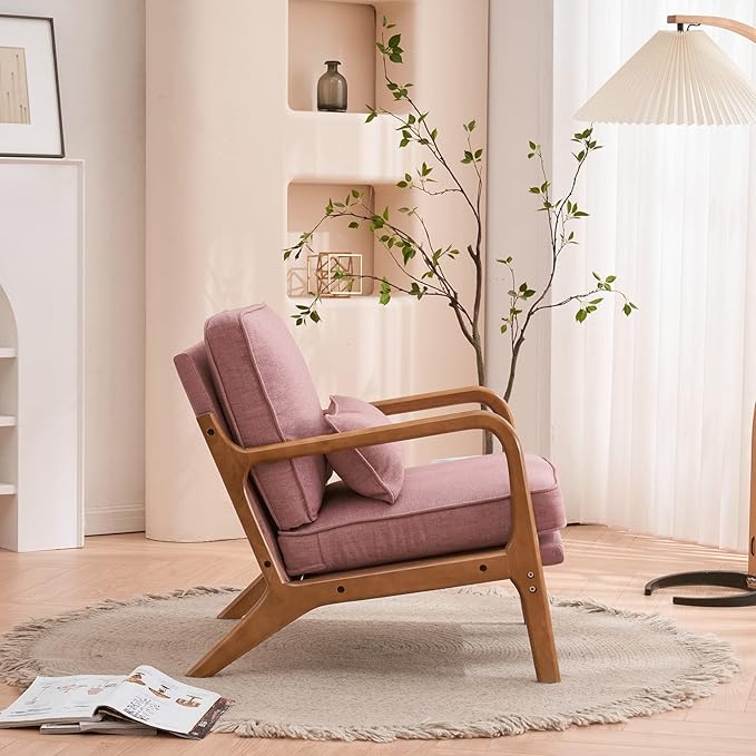 JOYBASE Lounge Accent Chair Mid Century Modern Chair Arm Chair Wood Frame Armchair for Living Room Bedroom (Pink Fabric)