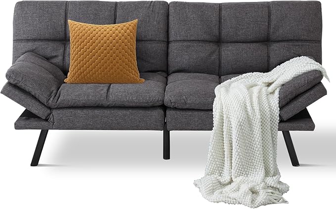 Futon Sofa Bed Convertible CouchMemory Foam Futon Sofa CouchSleeper Futons Sofa CouchesSmall Splitback Modern Loveseat Sofa Bed for Living RoomOfficeApartmentLinen FabricDark Gray.