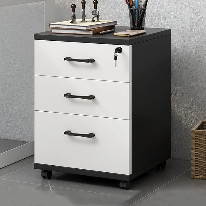 3-Drawer File Cabinet Mobile Filing Cabinet with Lock Under Desk File Organizer for Home Office Fits Letter/Legal/A4 Files Under Desk Fully Assembled Except Casters(Black+White)