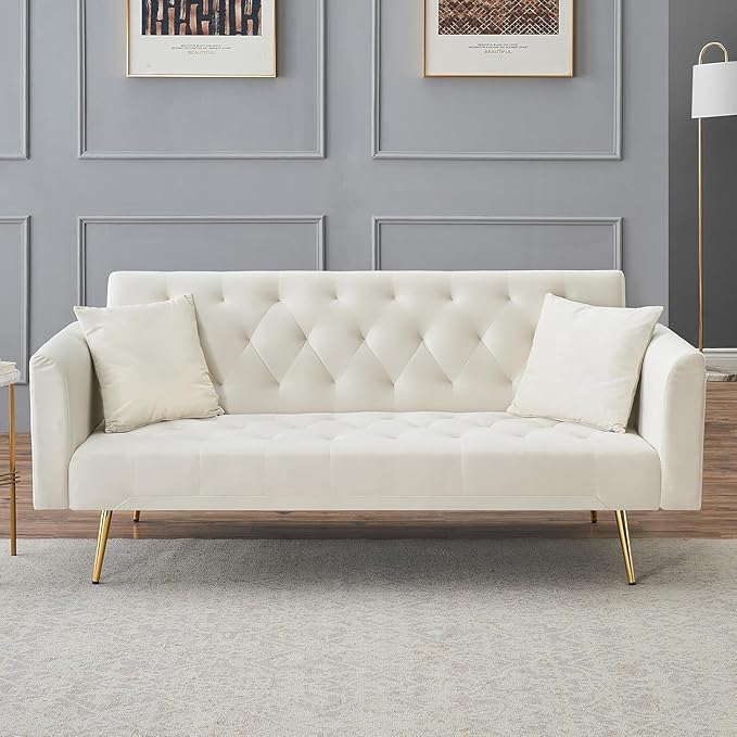 71 Convertible Folding Sleeper Sofa CouchModern Velvet Loveseat Sleeper with 2 Pillows Futon Sofa Bed with Mattress and Frame for Living RoomBedroomSmall Space (Beige)