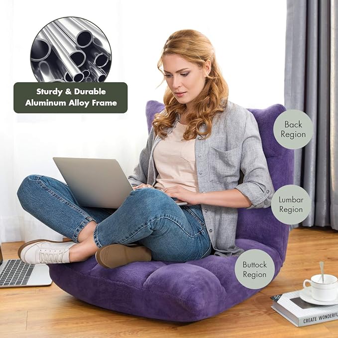 S AFSTAR Cushioned Floor Chair 14-Position Adjustable Padded Lazy Recliner with Comfortable Back Support and Skin-Friendly Cover Great for Reading Playing Game Meditating (Tender Violet)