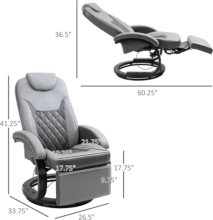 HOMCOM Faux Leather Manual Recliner Adjustable Swivel Lounge Chair Armchair with Footrest and Round Base for Living Room Gray