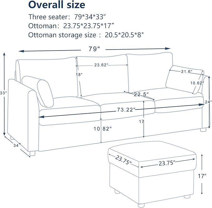79 Small Couches with Storage Ottoman 3 Seat L Shaped Couch Sectional Sofa with Chaise Lounge for ApartmentDormBonus RoomCompact Spaces. (Beige 3+OTT)