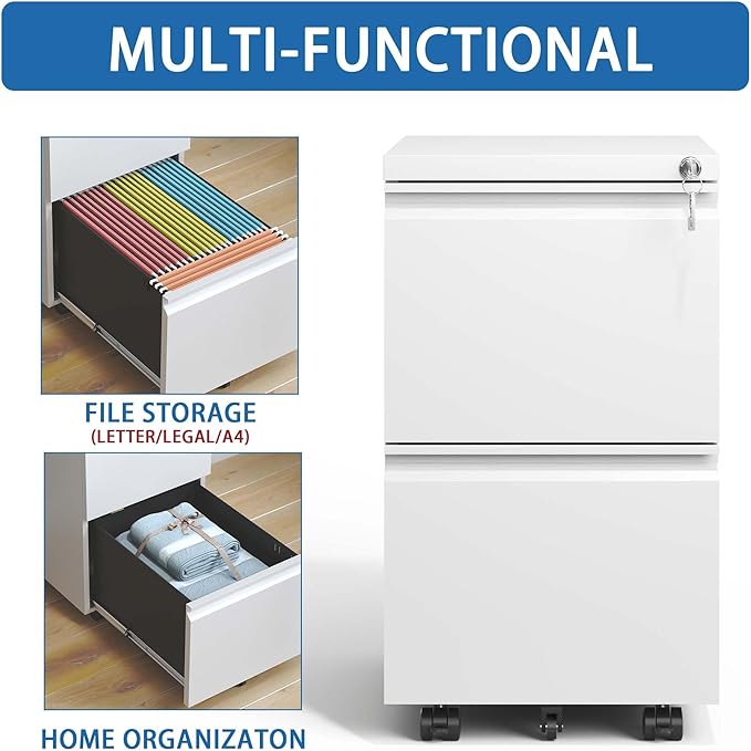 2-Drawer Mobile File Cabinet - Metal with Lock Brakes Compact 5 Casters Fully Assembled Except Wheels Rolling for Legal Letter A4 Size Hanging Folders Home Commercial Office (Antique White)