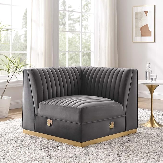 Modway Sanguine Channel Tufted Performance Velvet Modular Sectional Sofa Ottoman Left Corner Chair Gray