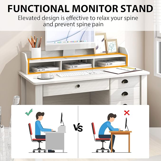 GOFLAME 48” Computer Desk with Hutch Vintage Home Office Desk with Storage Drawers &amp Shelves Space Saving Laptop PC Table Wooden Study Writing Workstation White