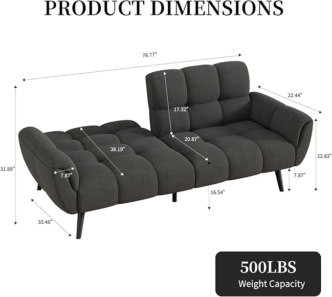 Futon Sofa Bed Convertible 77 Modern Linen Futon Couch Comfy Sleeper Sofa with Adjustable Backrests Couch Bed for Small Spaces Living Room Bedroom Apartment Dark Gray
