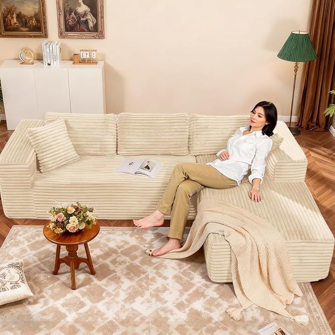 COMHOMA 105”Modular Sectional Sofa with Deep SeatCloud Upholstered L-Shape Couch Wide Arms Corduroy Fabric High-Density Foam Chaise Lounge for Living Room No Assembly Required