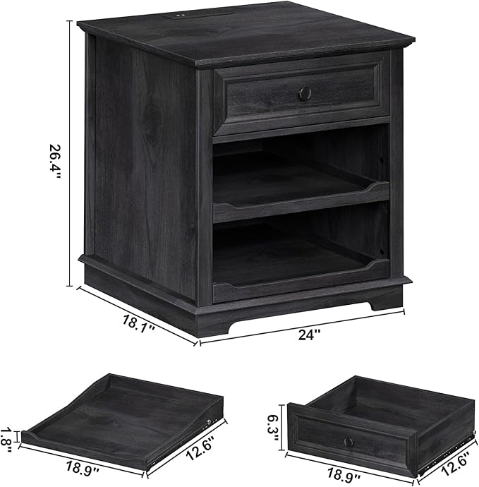 Lateral File Cabinet 3 Drawer File Cabinet with Charging Station Printer Stand with Open Adjustable Storage Shelves Lateral Filing Cabinet for Home Office Black