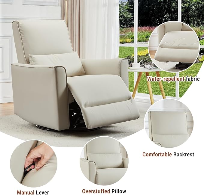 GarveeHome Recliner Chair 360° Swivel Rocker Glider Nursery Chair with Padded Armrest and Deep Seat PU Leather Upholstered Reclining Sofa Chair for Living Room Bedroom and Nursery (White)