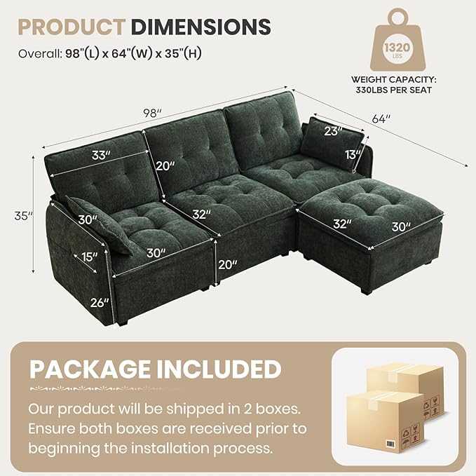 98'' Modular Sectional Sofa Comfty Cloud Couch L Shape with Movable Ottoman 4-Seat Chenille Deep Seat Sofa with Throw Pillow Sectional Couches for Living Room Office(Green 3-seat)