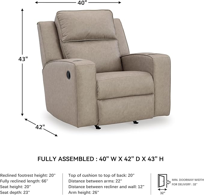 Signature Design by Ashley Lavenhorne Contemporary Faux Leather Upholstered Manual Rocker Recliner with 2 Cup Holders Beige