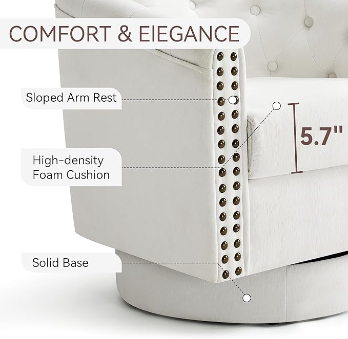 Swivel Barrel Accent Chair Chenille Fabric Living Room Chairs Modern Comfty Reading Chairs for Bedroom Small Club Armchair Single Sofa Side Chair Nailhead Trim Ivory White