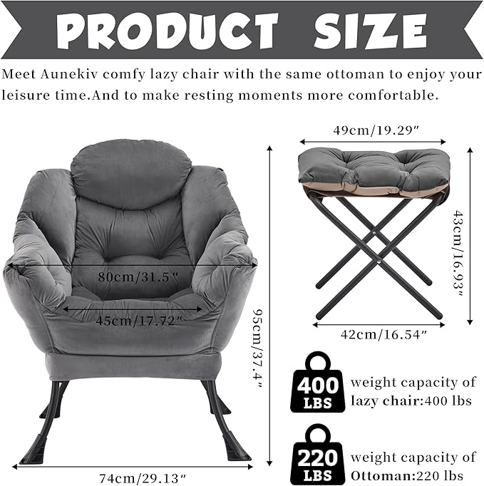Lazy Chair with Ottoman Comfy Accent Lounge Chair with Side Pocket Modern Reading Armchair with Footrest Upholstered Sofa Chair for Small Spaces Bedroom Living Room Dorm Darkgrey