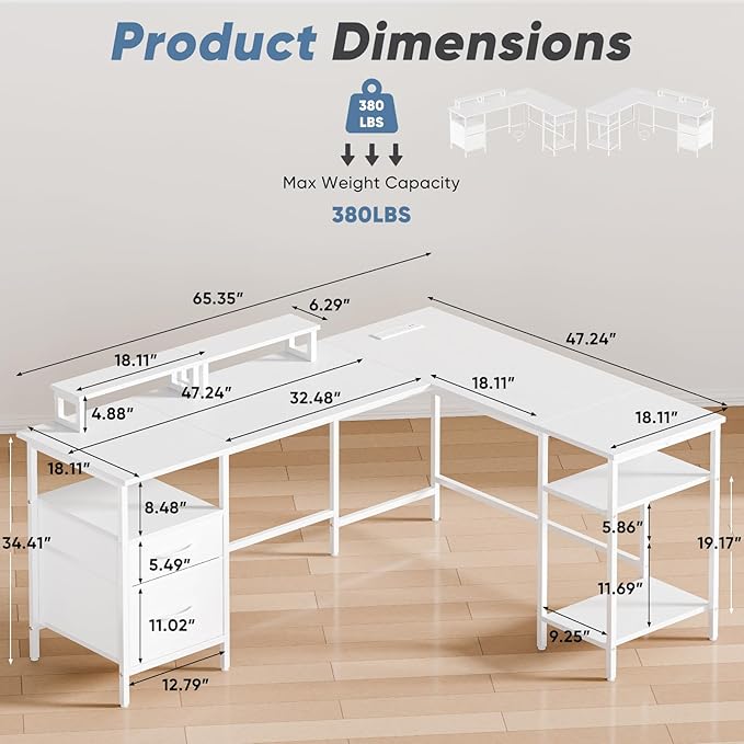 DUMOS 62 Inch L Shaped Gaming Desk with Charging Station &amp 2 Monitor Stands Computer Desk with Drawer &amp Adjustable Storage Shelves Large Corner Desk for Home Office White
