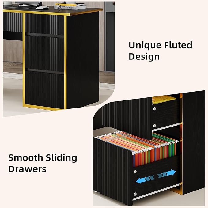 4 EVER WINNER 47 Inch Computer Desk with 4 Drawers Black &amp Gold Modern Home Office Desk Writing Study Gaming Desk for Bedroom Small Space Sturdy Wood Desk with Hidden Handle