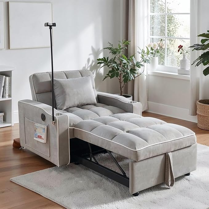 Convertible Sleeper Chair Pull Out Chair Sleeper with Bracket and Cup Holder 3 in 1 Sofa Bed Chairs for Adults Chairs Bed Sleepers for Small Spaces Living Room Light Gray